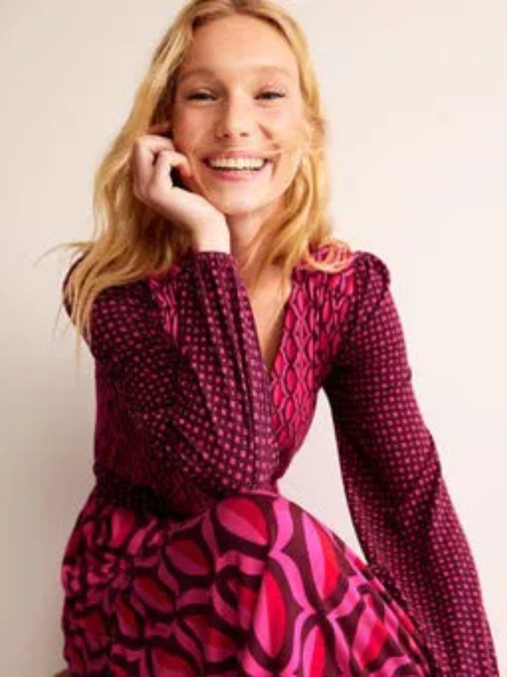 Boden Geo Valley Jersey Maxi Wrap Dress Pink Red Long Sleeve, 4R, like new